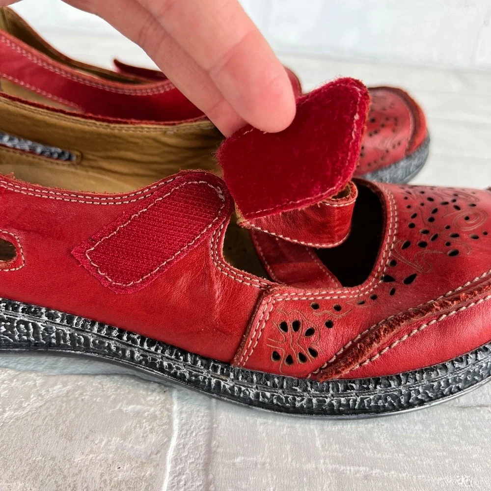 SPRING‎ STEP Womens 40 9 Red Leather Strappy Flats Artsy Boho Cut-Out Comfort